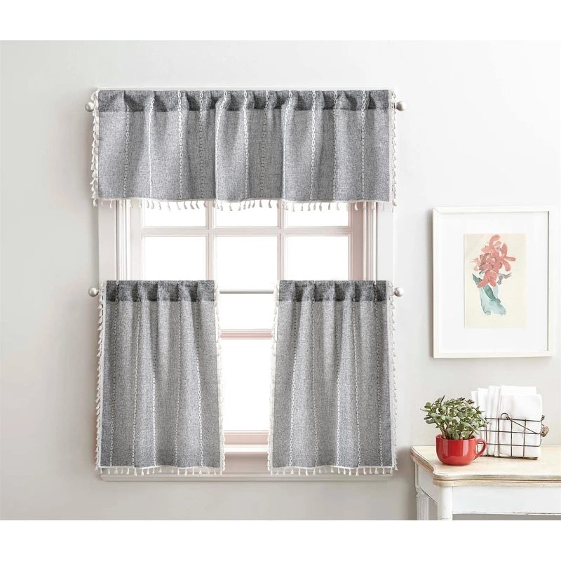 RoomTalks Dark Gray Boho Farmhouse Kitchen Curtains 36 Inch Length French Striped Modern Vintage Chic Textured Tassel Charcoal Short Cafe Curtains for Small Window Kitchen Bathroom Decor - Image 2
