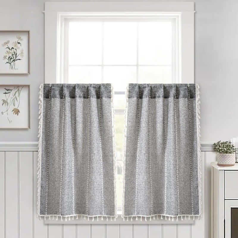 RoomTalks Dark Gray Boho Farmhouse Kitchen Curtains 36 Inch Length French Striped Modern Vintage Chic Textured Tassel Charcoal Short Cafe Curtains for Small Window Kitchen Bathroom Decor - Image 1