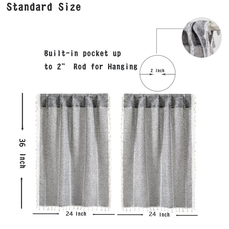 RoomTalks Dark Gray Boho Farmhouse Kitchen Curtains 36 Inch Length French Striped Modern Vintage Chic Textured Tassel Charcoal Short Cafe Curtains for Small Window Kitchen Bathroom Decor - Image 4