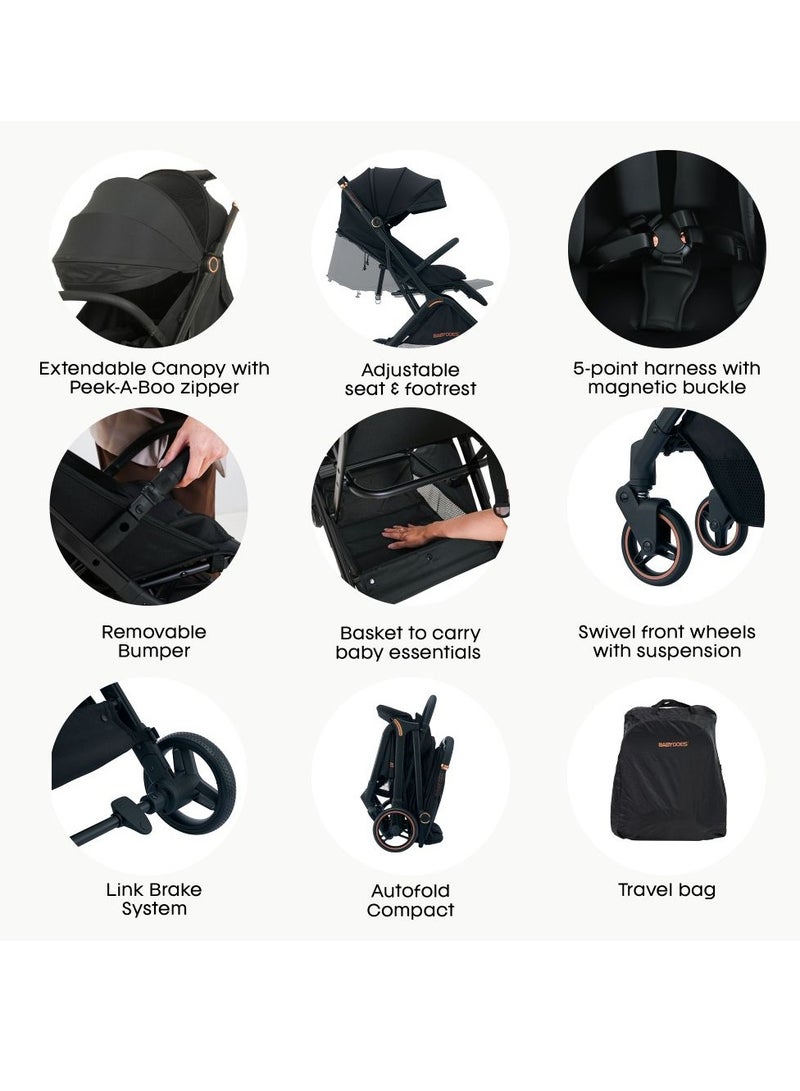 BABYDOES كرافتير – عربة أطفال قابلة للطي مدمجة، حزام أمان 5 نقاط، مسند ظهر وقاعدة قدم قابلة للتعديل، من 0 إلى 4 سنوات (22 كجم)، أسود - Image 4