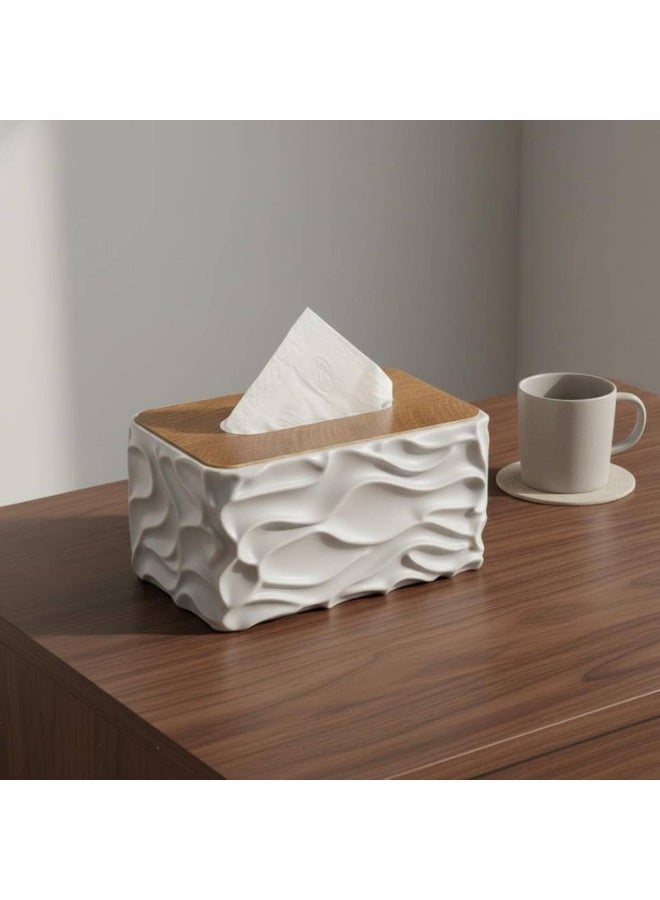 KITCHENOO Wood Lid Tissue Holder Large Capacity Rectangular Napkin Dispenser Wide Opening Wavy Tissue Box for Bedroom, Office - Image 2
