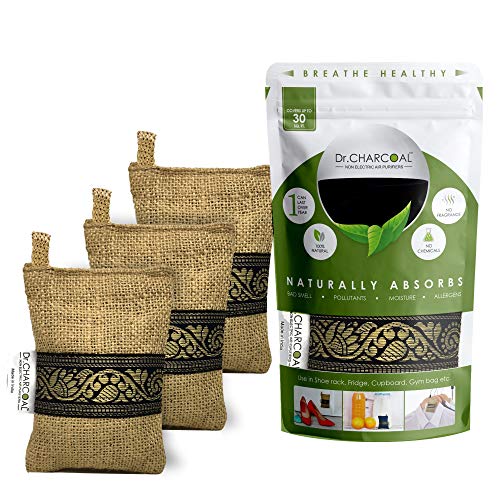 Dr. CHARCOAL Dr CHARCOAL Moisture Absorber Dehumidifier Activated Charcoal Bags for Wardrobe, Shoe Rack and Fridge; Prevents Mould & Fungus, Removes Bad Smell, Lasts 1 year, 75g Pack of 3 (Classic Khaki) - Image 1