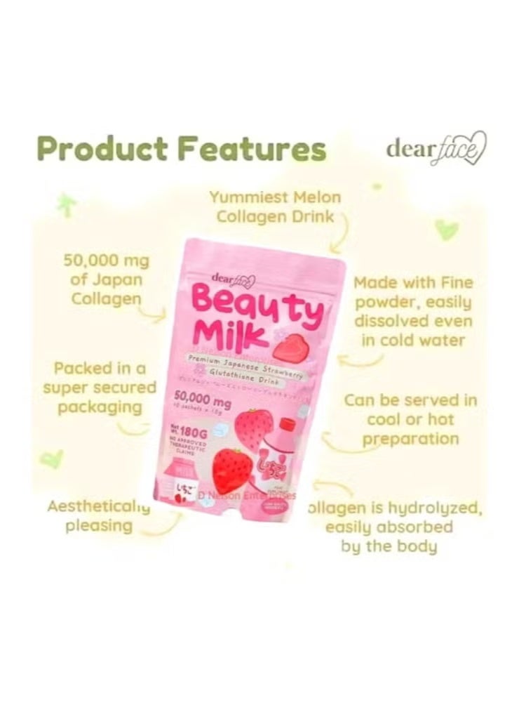 Dear Face Glutathione Beauty Milk – Japanese Collagen Drink for Skin Whitening – Strawberry, 180g - Image 3