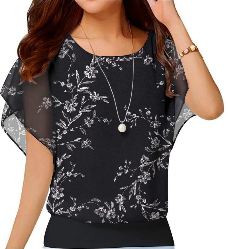 Neineiwu Womens Short Sleeve Chiffon Tops Casual Batwing Sleeve Blouses and Tops (White Leaves-Black XL) - Image 1