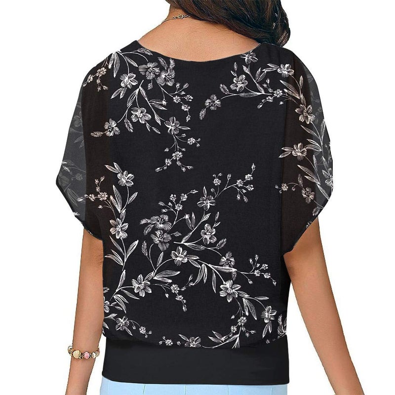 Neineiwu Womens Short Sleeve Chiffon Tops Casual Batwing Sleeve Blouses and Tops (White Leaves-Black XL) - Image 2