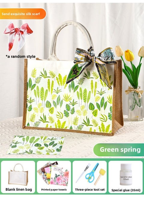 Butterfly Ancient Bart Material Bag Diy Mother's Day Canvas Bag Children's Handmade Creative Linen Bag Group Building Activity Gift-Color:Horizontal Style [green Chunhua] Comes With A Full Set Of Tools + Detailed Tutorials