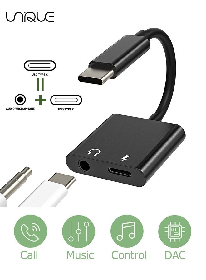Unique 2 in 1 USB C To 3.5mm Headphone Jack Adapter New Audio Charger Adapter DAC Type C Aux Earphone Splitter Compatible With Apple iPad Pro Galaxy S25 Ultra S10 Lite Note10 A90 Z Flip Tab S6 Huawei P30 - Support Call+Charging - Black