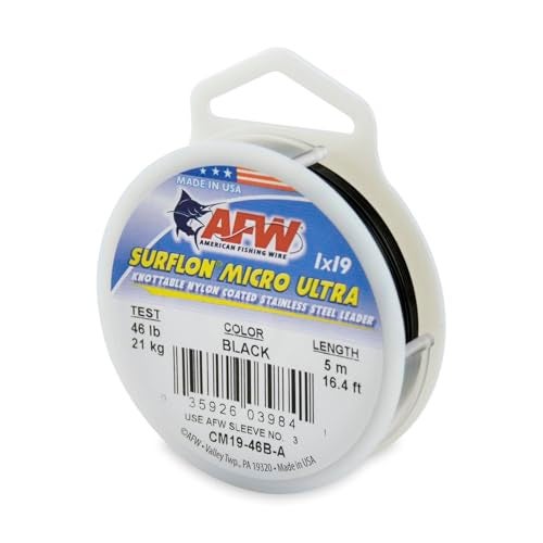 AFW American Fishing Wire Surflon Micro Ultra, Nylon Coated 1x19 Stainless Steel Leader Wire, 46 lb Test, .024" Diameter, Black, 5 m - Image 1