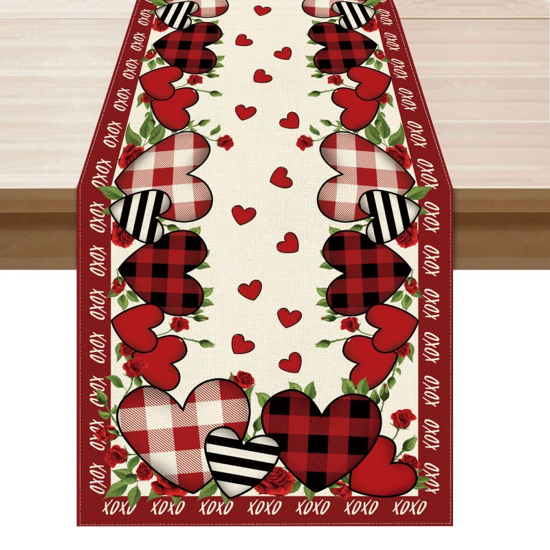 XCHI Buffalo Plaid Love Hearts Roses Flowers Valentine's Day Table Runner Table Decoration for Party Home Kitchen Dining Holiday Decor 13x72 Inch - Image 1