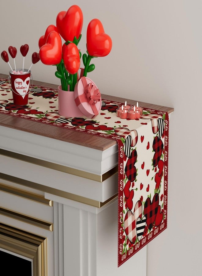 XCHI Buffalo Plaid Love Hearts Roses Flowers Valentine's Day Table Runner Table Decoration for Party Home Kitchen Dining Holiday Decor 13x72 Inch - Image 3