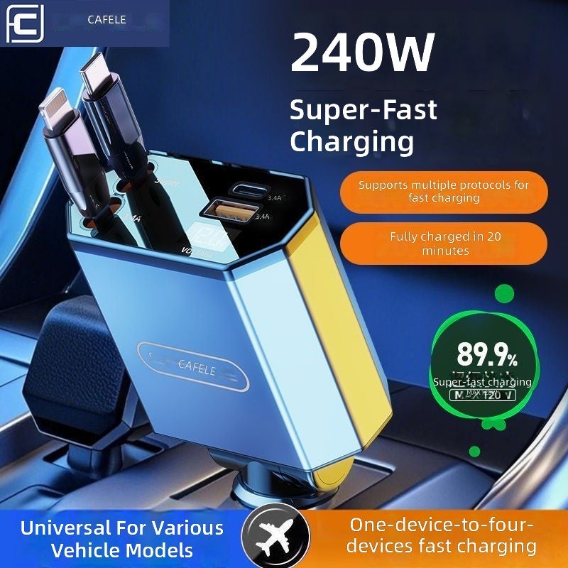 Cafele Car Charger 240W with Retractable Cable, Fast PD Charging for Apple Devices, Multi-Function Flash Charge
