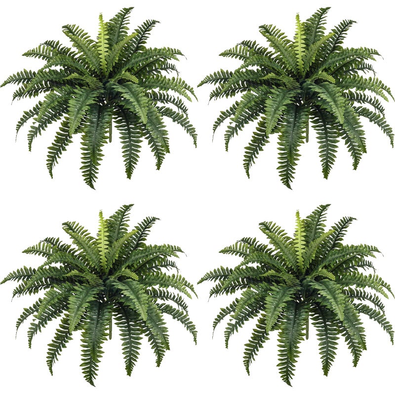 FOREST PRINCE 35 Fake Ferns 4 Large Artificial Bonston Ferns Bushes Plants with 39 Fronds for Outdoors Garden Patio Porch Entrance Low Maintain Home Decor