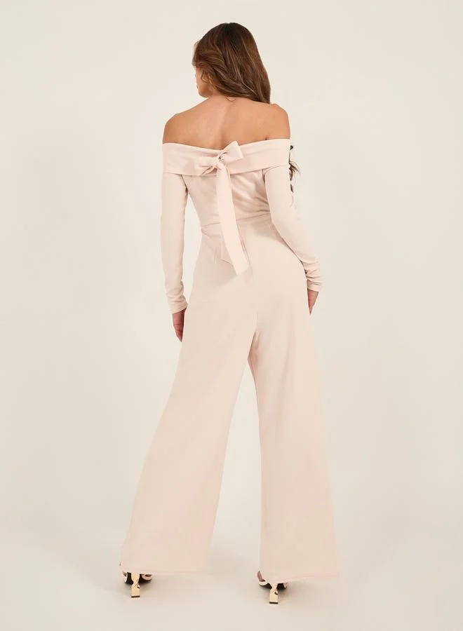 Styli Solid Bardot Neckline Wide Leg Jumpsuit