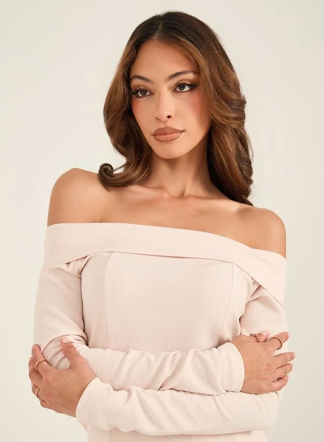 Styli Solid Bardot Neckline Wide Leg Jumpsuit