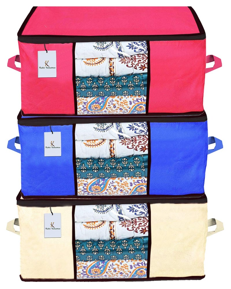 Kuber Industries Non Woven Underbed BagStorage OrganiserBlanket Cover with Transparent WindowStorage Bag for Clothes LargePack of 3 Ivory Royal Blue Pink - Image 1