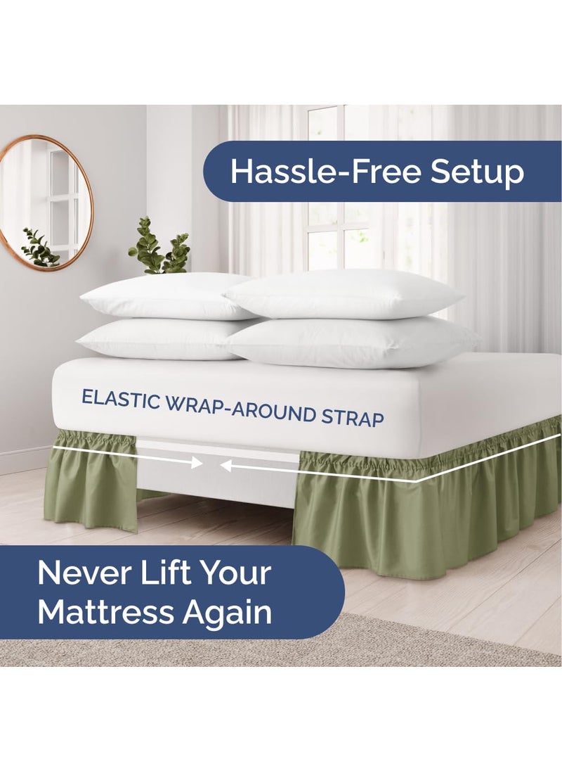 Wrap Around Dust Ruffle Bed Skirt - Sage Green - Made for Full Size Beds with 15 in. Drop - Easy Fit Elastic Strap - Pleated Bedskirt with Brushed Fabric - Wrinkle Free  Machine Wash - by CGK Linens