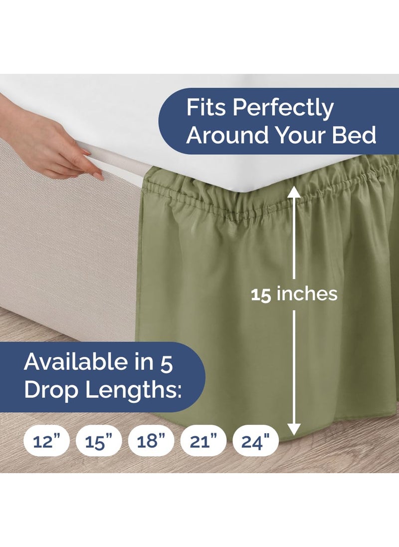 Wrap Around Dust Ruffle Bed Skirt - Sage Green - Made for Full Size Beds with 15 in. Drop - Easy Fit Elastic Strap - Pleated Bedskirt with Brushed Fabric - Wrinkle Free  Machine Wash - by CGK Linens