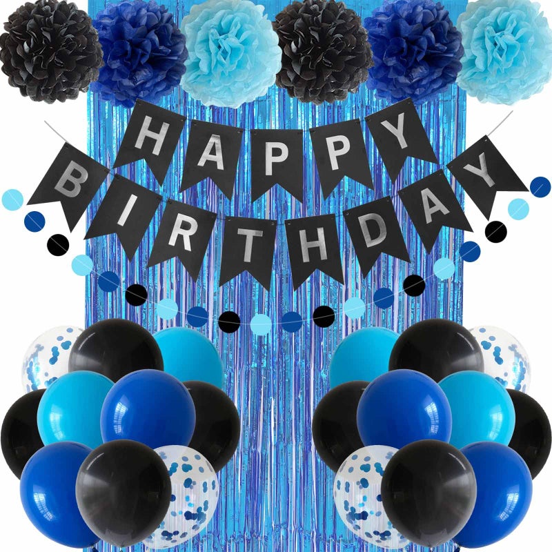 ANSOMO Blue and Black Happy Birthday Party Decorations for Boys Men Banner Balloons Navy Royal Light Blue Pom Poms Foil Curtain DÃ©cor Supplies 13th 16th 18th 20th 30th 40th 50th 60th 70th 80th - Image 1