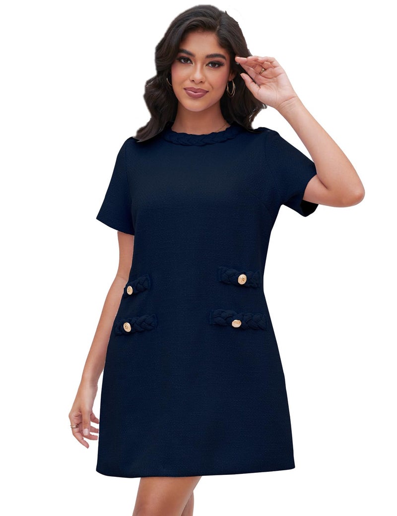 Ladyful Womens Tweed Jackie Dress Short Sleeve Elegant Crew Neck Business Party Vintage Button Bodycon Mini Jackie Dress Navy - Image 1