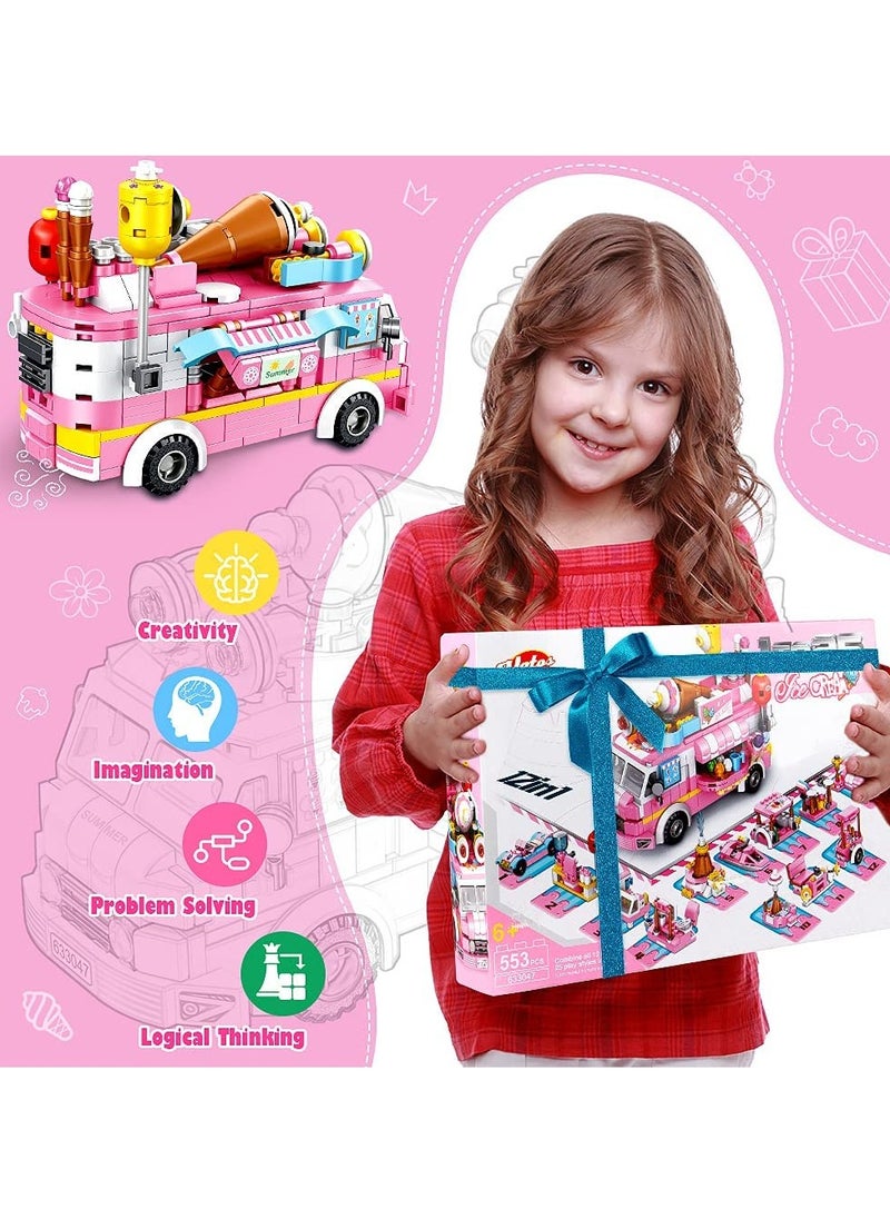 SYOSI - Girls Building Blocks Toys, 553 PCS Ice Cream Trucks Toys for 6 Year Old Kids, 25 Models Food Cars Construction Building Block Kits, Educational Toys Gifts for Age 6 12 + Year Old Kids - Image 1