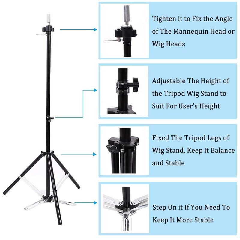 blushia BLUSHIA Wig Stand Tripod Mannequin Head Adjustable Black Manikin Stand With Foot Pedal Duty Heavy Stable Canvas Block Head Holder For Wigs SalonsHairdressingCosmetologist Wig Head Stands - Image 4