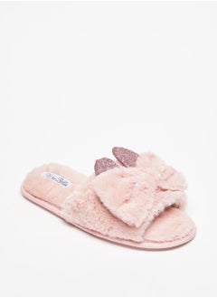 Embellished Plush Slip On Bedroom Slides with Ear Appliques