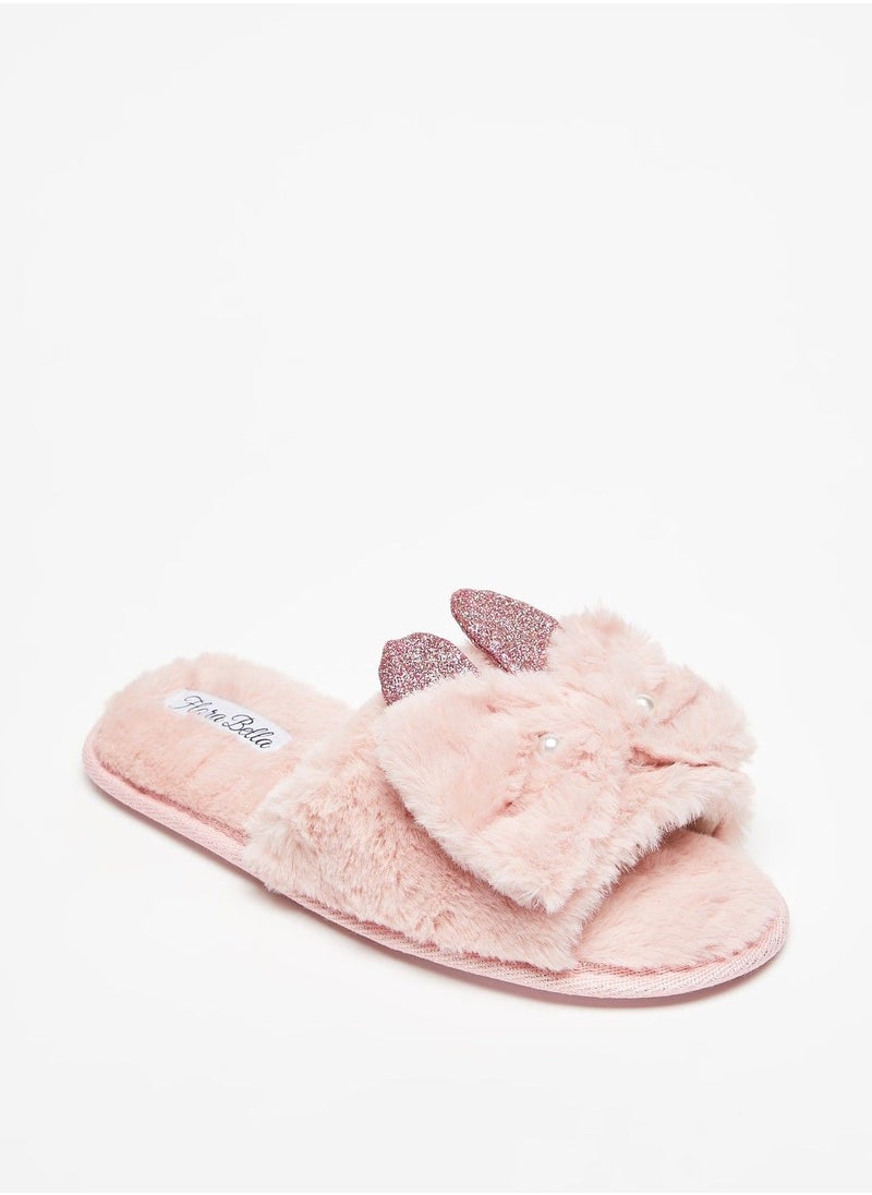 Flora Bella - Embellished Plush Slip On Bedroom Slides with Ear Appliques - Image 1
