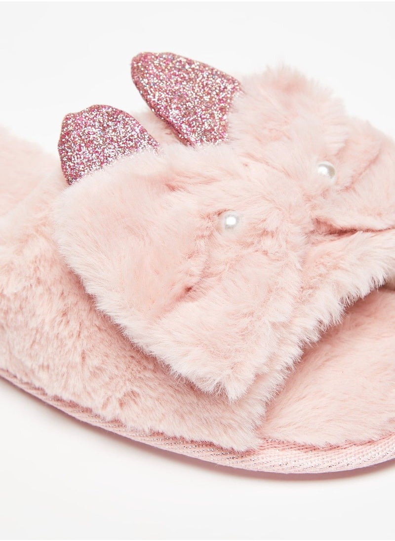 Flora Bella - Embellished Plush Slip On Bedroom Slides with Ear Appliques - Image 1