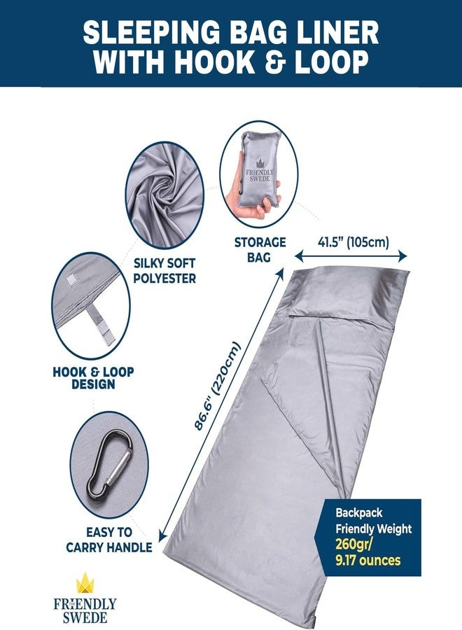 The Friendly Swede Sleeping Bag Liner - Travel and Camping Sheet, Pocket-Size, Ultra Lightweight, Silky Smooth (Grey, Velcro) - Image 3
