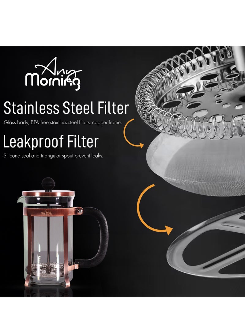 Any Morning French Press Coffee and Tea Maker, 600ml / 20oz / 3 Cups, Triple Stainless Steel Filters, Borosilicate Glass Tea Press, 3 Level Filtration System, Portable, Easy to Clean - FF120  - Image 4