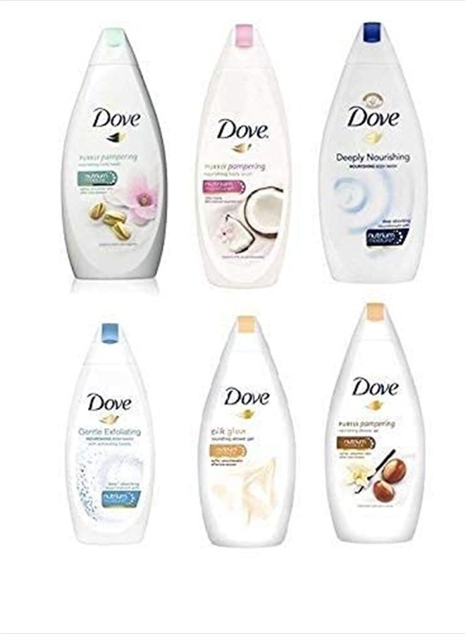 Dove مجموعة متنوعة من غسول الجسم - زبدة الشيا، ترطيب عميق، كريم الفستق، حليب جوز الهند، تقشير لطيف وتوهج حريري، 16.9 أونصة لكل منها، الإصدار الدولي، 16.9 أونصة، 6 قطع (عبوة من قطعة واحدة) - Image 2