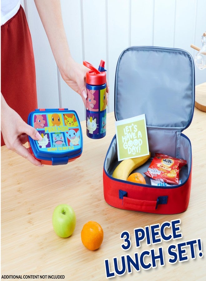 Pokemon Insulated Lunch Bag with Lunch Box Water Bottle Set for Kids 3 Piece School Snack Bag Pikachu Gifts for Kids (Red/Blue) - Image 2