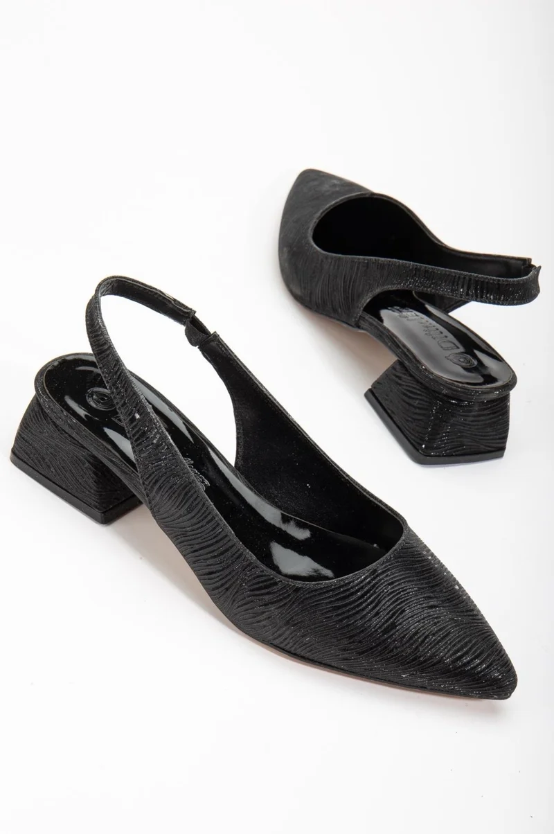 Dilimler Ayakkabı Slices Shoes Large Size Shiny Striped Leather Black Women's Heeled Shoes