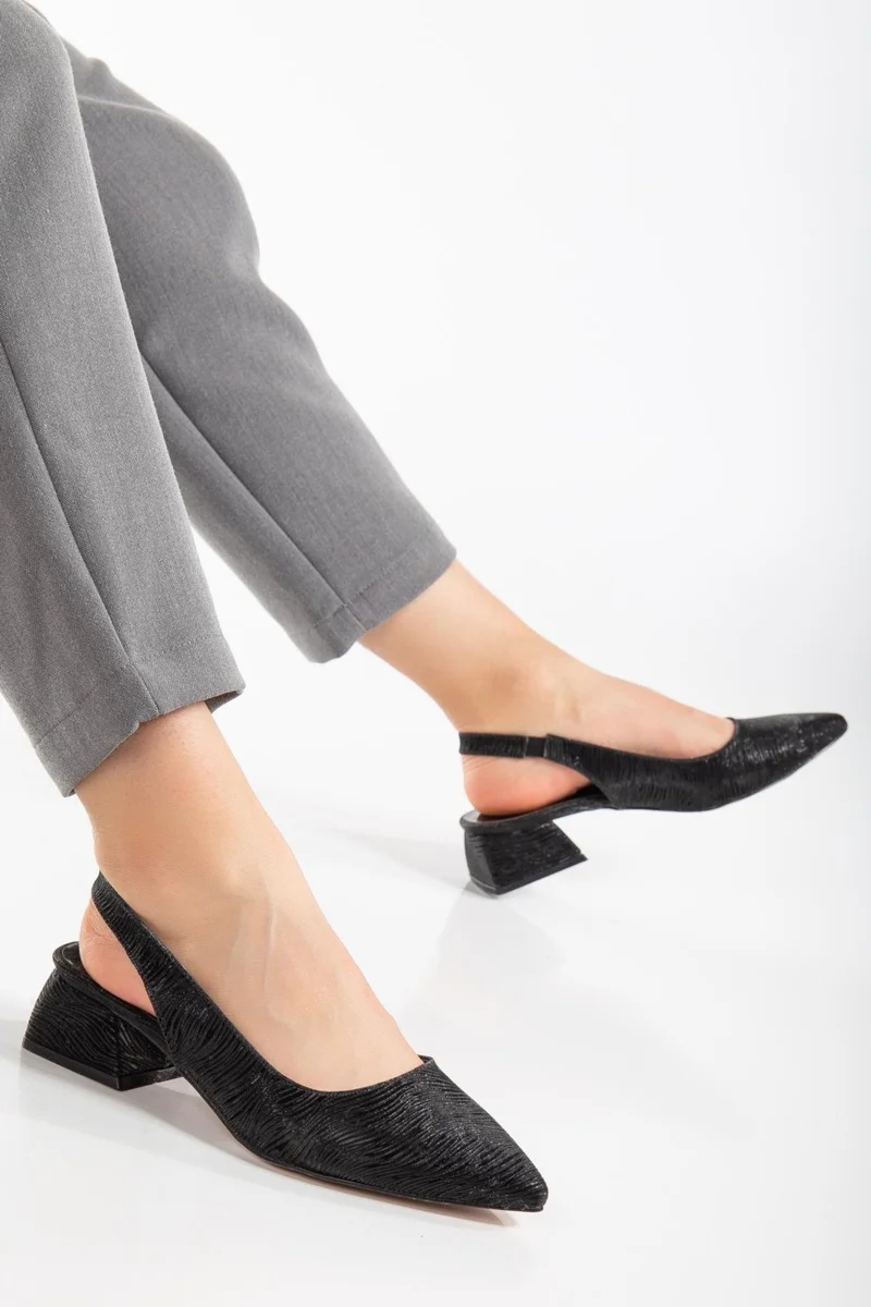 Dilimler Ayakkabı Slices Shoes Large Size Shiny Striped Leather Black Women's Heeled Shoes