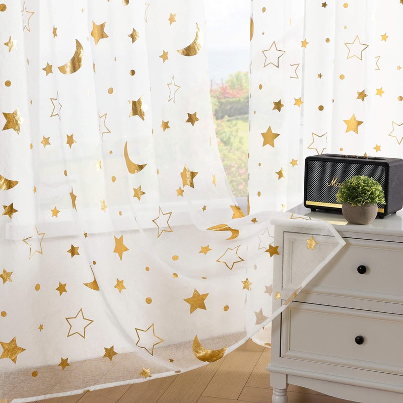 WUBODTI White and Gold Sheer Curtains for Kids Room Nursery 63 Inch Length Star and Moon Patterned Semi Sheer Space Curtains Rod Pocket Light Filtering Faux Linen Short Curtain Drapes 2 Panels