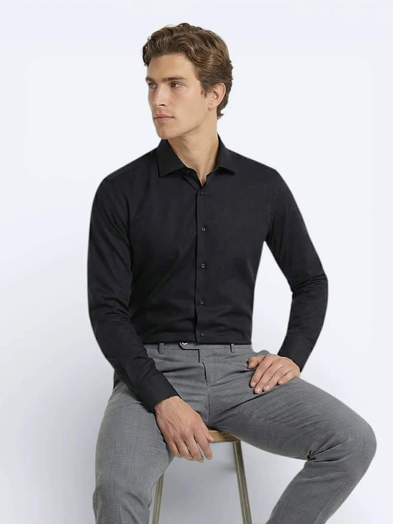 Kip Black Plain Slim Fit Long Weaving Classical 100% Cotton Shirt