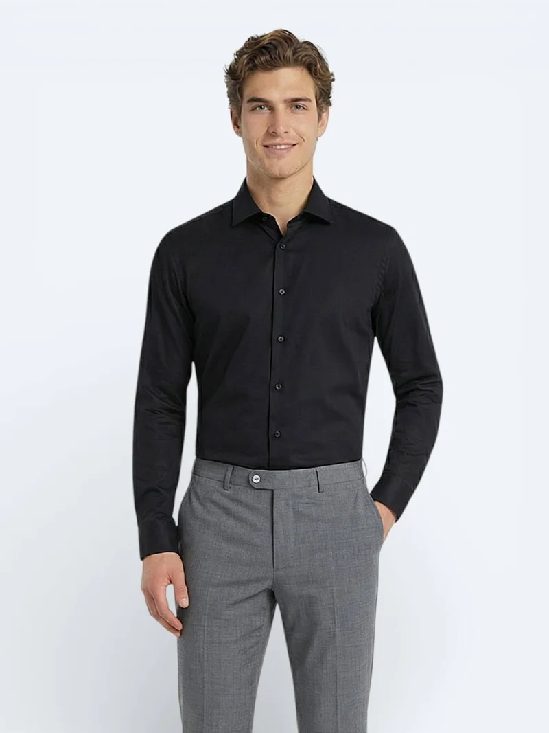 Kip Black Plain Slim Fit Long Weaving Classical 100% Cotton Shirt