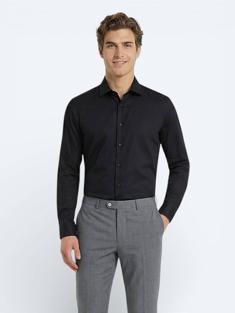 Kip Black Plain Slim Fit Long Weaving Classical 100% Cotton Shirt - Image 1
