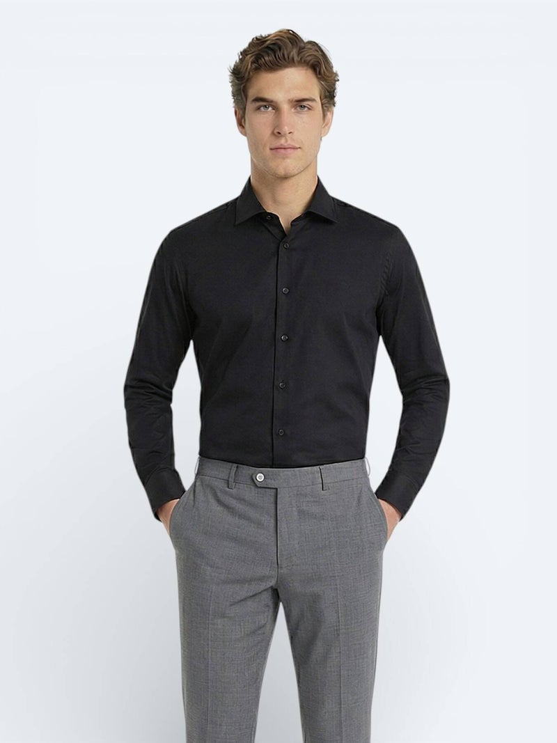 Kip Black Plain Slim Fit Long Weaving Classical 100% Cotton Shirt - Image 3