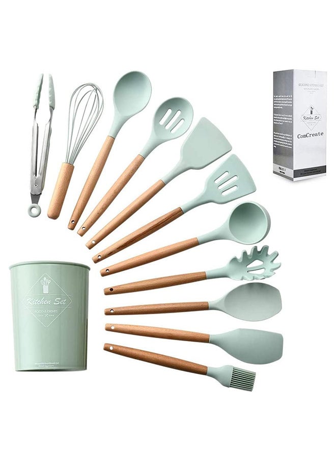 Home Silicone Cooking Kitchen 12PCS Wooden Utensils Tool for Nonstick Cookware, Cooking Utensils Set with Bamboo Wood Handles for Nonstick Cookware Non-Toxic Turner Tongs Spatula Spoon Set  - Image 1