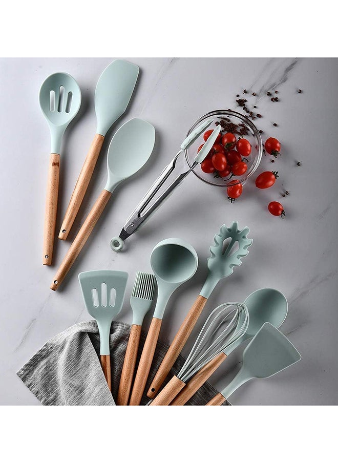 Home Silicone Cooking Kitchen 12PCS Wooden Utensils Tool for Nonstick Cookware, Cooking Utensils Set with Bamboo Wood Handles for Nonstick Cookware Non-Toxic Turner Tongs Spatula Spoon Set  - Image 2