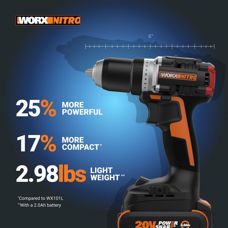 Worx Nitro 20V Cordless 1/2" Drill Driver With Brushless Motor - Compact & Lightweight Set Only 6" and 3 lbs. - Power Share Compatible WX130L - Batteries & Charger Included, Black - Image 3