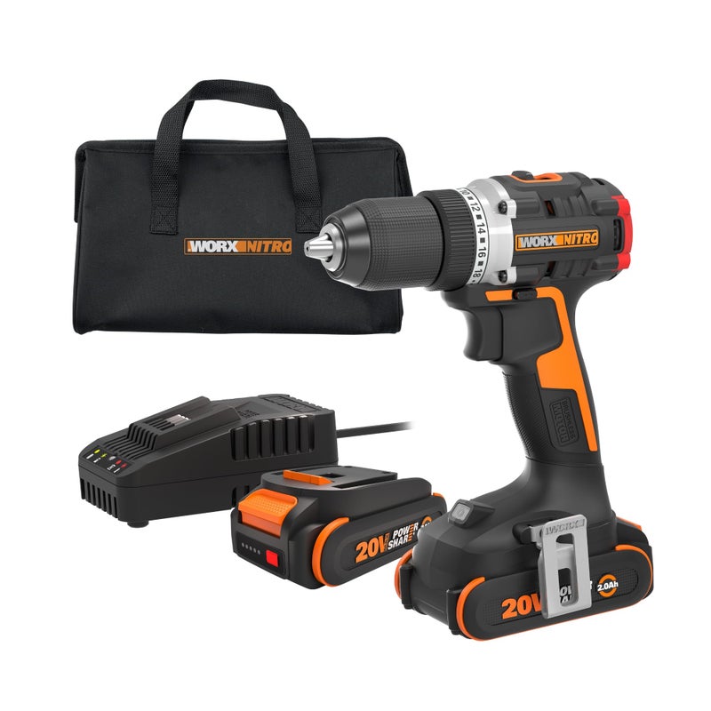 Worx Nitro 20V Cordless 1/2" Drill Driver With Brushless Motor - Compact & Lightweight Set Only 6" and 3 lbs. - Power Share Compatible WX130L - Batteries & Charger Included, Black - Image 1