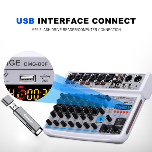 BOMGE 8 channel mini audio mixer Line Mixer,DC 5V,with MP3 Player,Bluetooth, U disk 48V,24DSP effects, USB recording Ideal for Small Clubs or Bars, Studio Recording (8 channels-WHITE) - Image 2