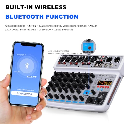 BOMGE 8 channel mini audio mixer Line Mixer,DC 5V,with MP3 Player,Bluetooth, U disk 48V,24DSP effects, USB recording Ideal for Small Clubs or Bars, Studio Recording (8 channels-WHITE) - Image 3