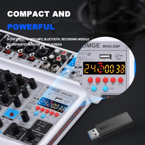 BOMGE 8 channel mini audio mixer Line Mixer,DC 5V,with MP3 Player,Bluetooth, U disk 48V,24DSP effects, USB recording Ideal for Small Clubs or Bars, Studio Recording (8 channels-WHITE) - Image 5
