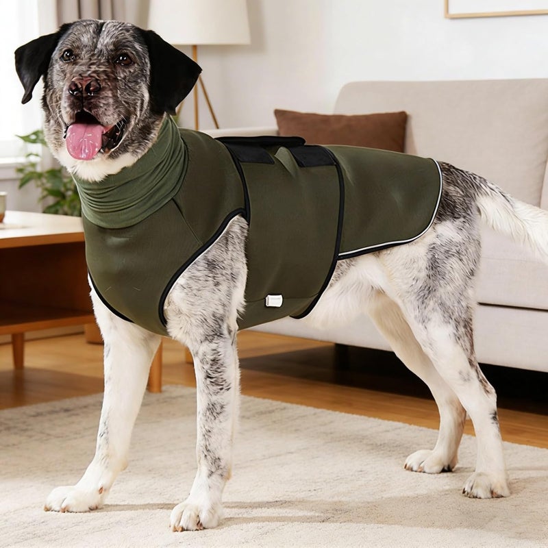 M Size Dog Calming Jacket, Olive Green, 17.7-21.3 in Chest, Calming Comfort Vest with Two-Way High Collar and Reflective Strip - Image 2