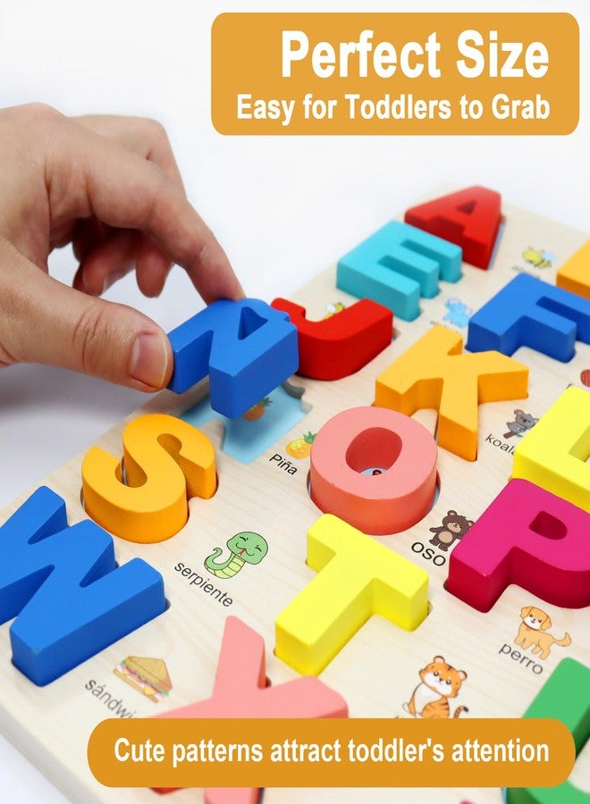 MAYAPHILOS Wooden Alphabet Puzzle, Learn Spanish for Kids with 27 Spanish Letters, Colorful ABC Shape Puzzles for Kids, Preschool Educational Learning Toys for Girls and Boys - Image 3
