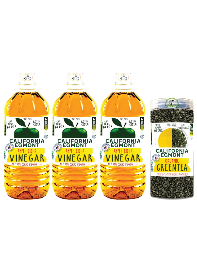 كاليفورنيا إيغمونت مجموعة خل التفاح العضوي - عبوة من ثلاث قطع - 946 مل مع الشاى الاخضر 250جرام