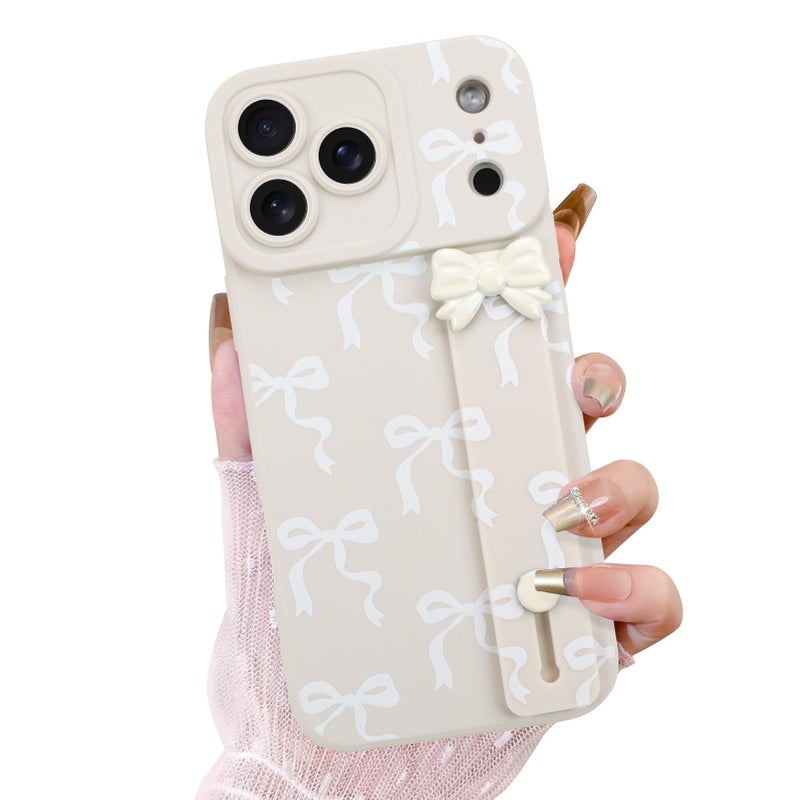 OOK Case for iPhone 17 Pro Max Case with Screen Protector, Cute Bow Design with Adjustable Wristband Strap Kickstand Slim Soft TPU Rubber for Women Girls Phone Cover-White - Image 1